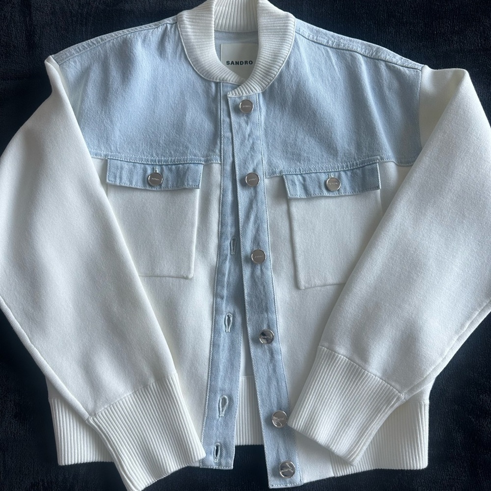 NWT Sandro Denim Panelled Knit Bomber Jacket - Picture 3 of 7